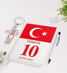 Kişiye Özel Kırmızı-Beyaz Tasarımlı İsimli Defter kalem ve Formalı Metal Anahtarlık Model 2