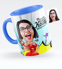 Kişiye Özel Bayan Karikatürlü Mavi Kupa Bardak - 4