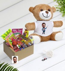Kişiye Özel Bay Öğretmen Karikatürlü Nostaljik Lezzetler Peluş Ayıcık Hediye Seti-4