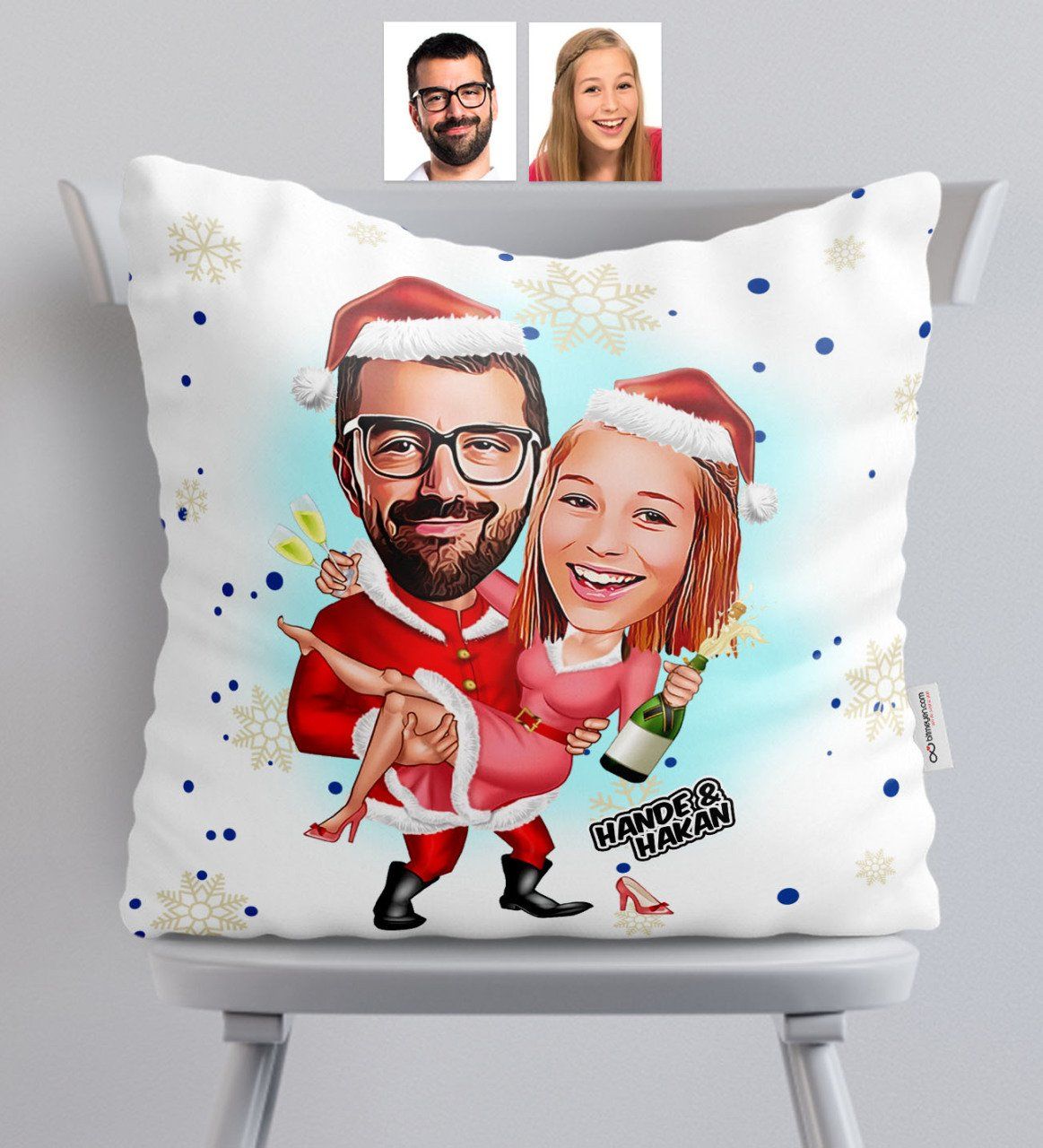 Kişiye Özel Yılbaşı Temalı Sevgililer Karikatürlü Saten Yastık - 2