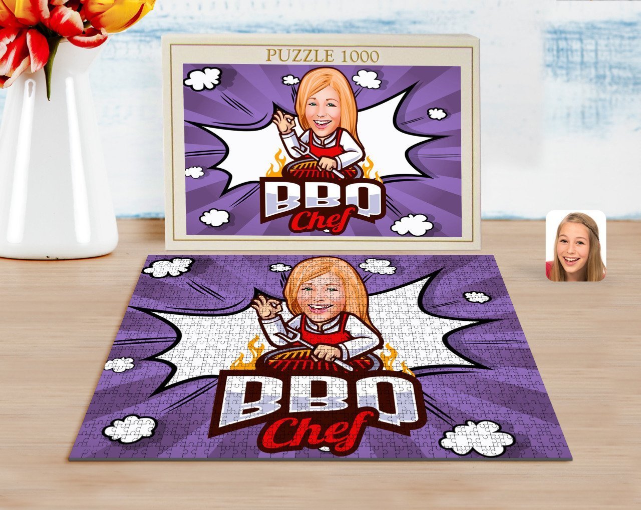 Kişiye Özel Kadın Barbekü Chef Karikatürlü 1000 Parça Profesyonel Puzzle-1