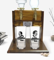 Kişiye Özel Renkli Baskılı Hangimiz Sevmedik Çılgınlar Gibi Silüet Tasarımlı İkili Rakı Bardağı ve Çift Musluklu Doğal Ahşap Rakı Standı-7
