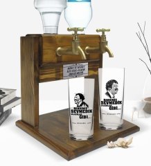 Kişiye Özel Renkli Baskılı Hangimiz Sevmedik Çılgınlar Gibi Silüet Tasarımlı İkili Rakı Bardağı ve Çift Musluklu Doğal Ahşap Rakı Standı-7