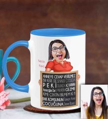 Kişiye Özel Anneler Günü Temalı Karikatürlü Mavi Kupa Bardak M6