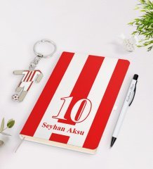 Kişiye Özel Kırmızı-Beyaz Tasarımlı İsimli Defter kalem ve Formalı Metal Anahtarlık Model 1