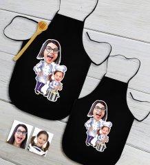 Kişiye Özel İkili Anne Kız Karikatürlü Siyah Mutfak Önlüğü Seti-1