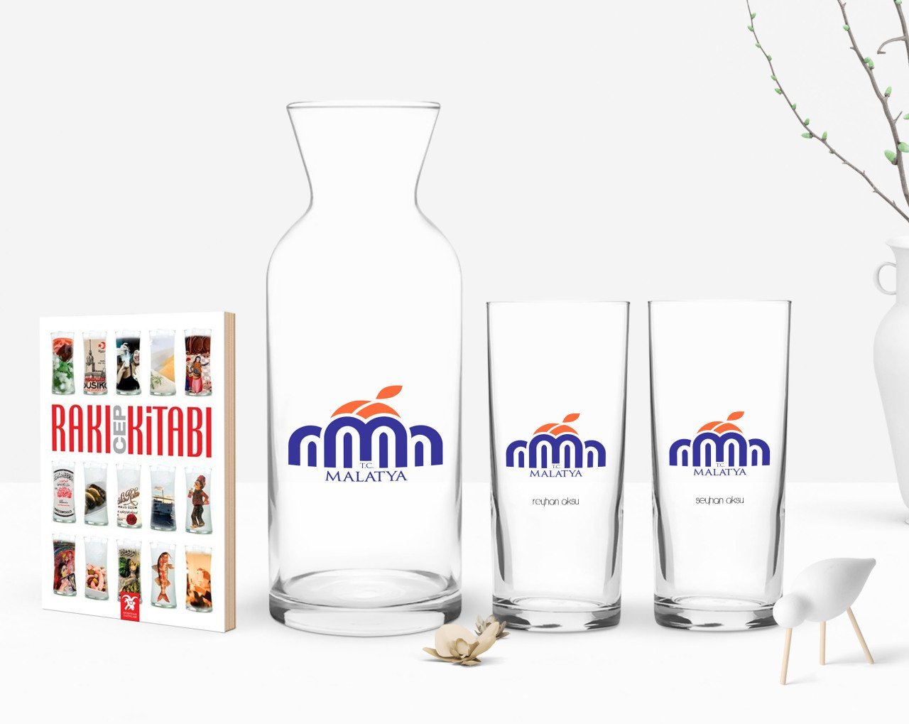 Kişiye Özel Renkli Baskılı Malatya Tasarımlı Turistik İkili Rakı Bardağı Karaf ve Cep Kitabı Hediye Seti-2