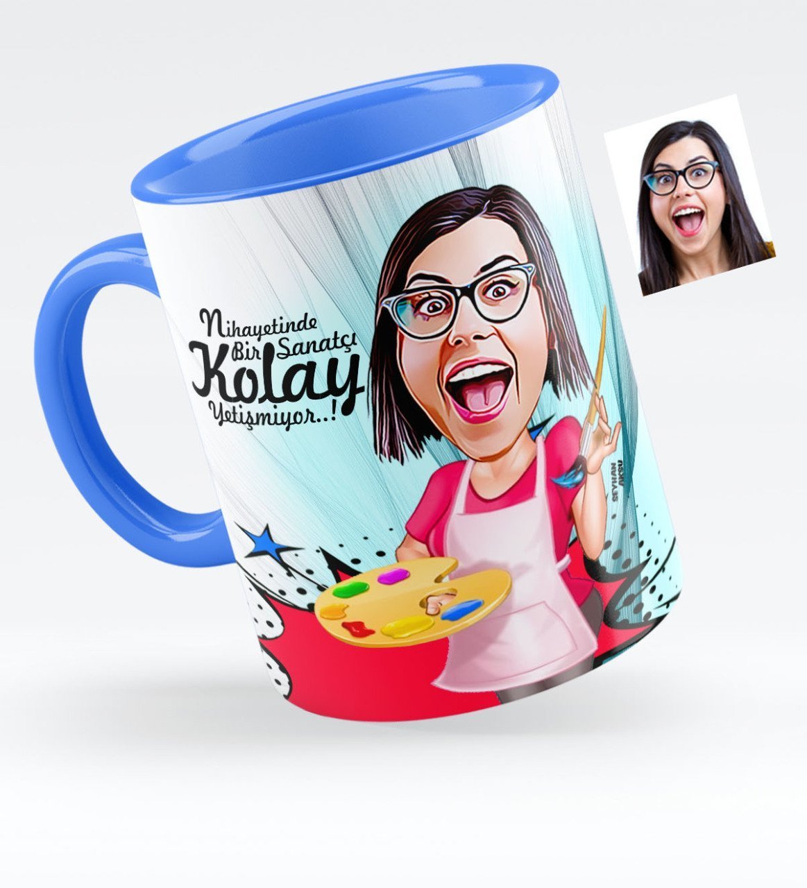 Kişiye Özel Bayan Ressam Karikatürlü Mavi Kupa Bardak - 1