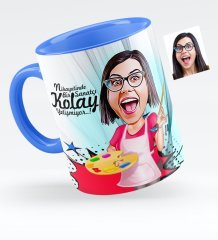Kişiye Özel Bayan Ressam Karikatürlü Mavi Kupa Bardak - 1