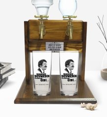 Kişiye Özel Renkli Baskılı Hangimiz Sevmedik Çılgınlar Gibi Silüet Tasarımlı İkili Rakı Bardağı ve Çift Musluklu Doğal Ahşap Rakı Standı-6