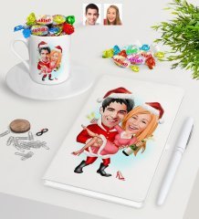 Kişiye Özel Yeni Yıl Sevgililer Karikatürlü Beyaz Defter Kalem Türk Kahvesi Fincanı ve Haribo Şeker Hediye Seti-2