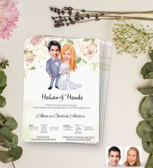 Kişiye Özel Karikatürlü Düğün Davetiyesi Model 19 (100Adet)