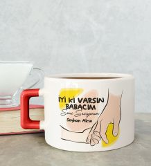 BK Gift Kişiye Özel Babalar Günü Tasarımlı Kırmızı Kulplu Çay & Kahve Fincanı-9, Babaya Hediye, Babalar Günü Hediyesi