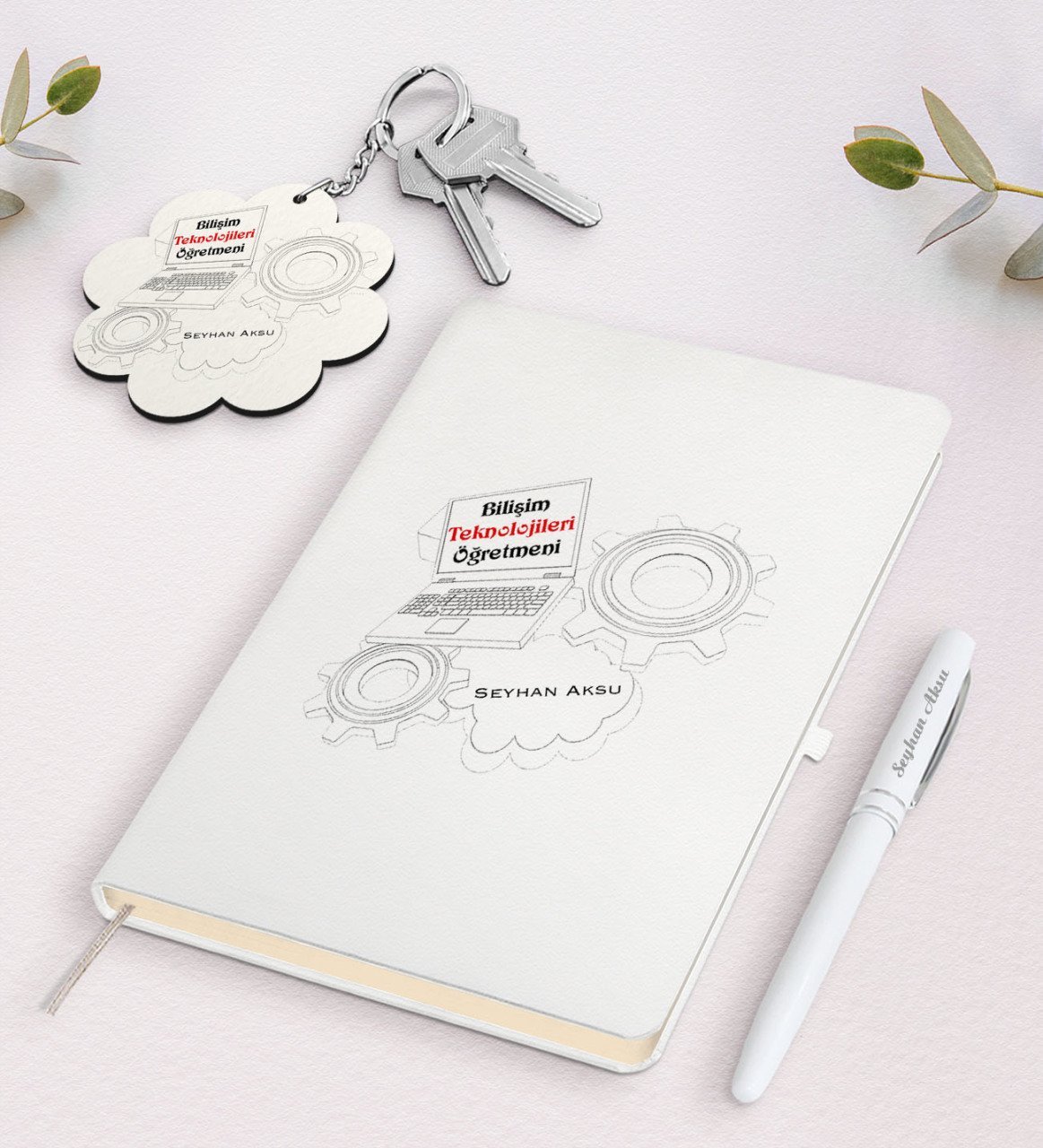 Kişiye Özel Bilişim Teknolojileri Öğretmeni Beyaz Defter Kalem Ve Anahtarlık Hediye Seti-1