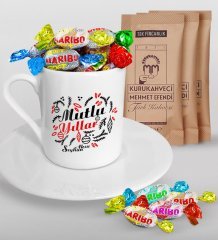 Kişiye Özel Yılbaşı Mutlu Yıllar Türk Kahvesi Fincanı Mehmet Efendi Kahve ve Haribo Şeker Hediye Seti-4