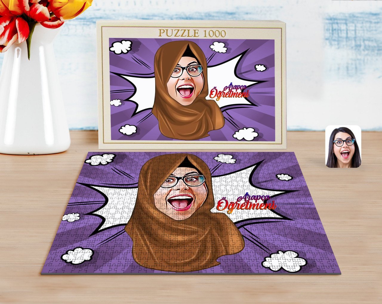 Kişiye Özel Kadın Arapça Öğretmeni Karikatürlü 1000 Parça Profesyonel Puzzle-1