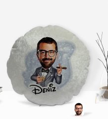 Kişiye Özel İsimli Erkek Patron Karikatürlü Yuvarlak Dekoratif Kırlent Yastık-3
