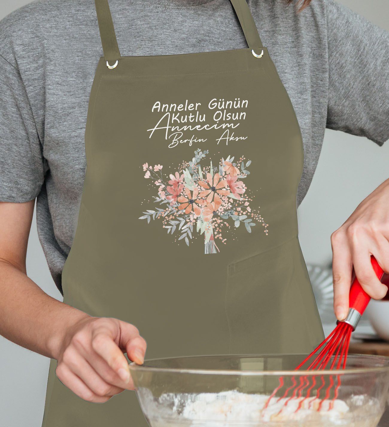 BK Gift Kişiye Özel İsimli Anneler Günü Tasarımlı Profesyonel Haki Mutfak Önlüğü, Aşçı Önlüğü, Şef Önlüğü, Anneye Hediye-19