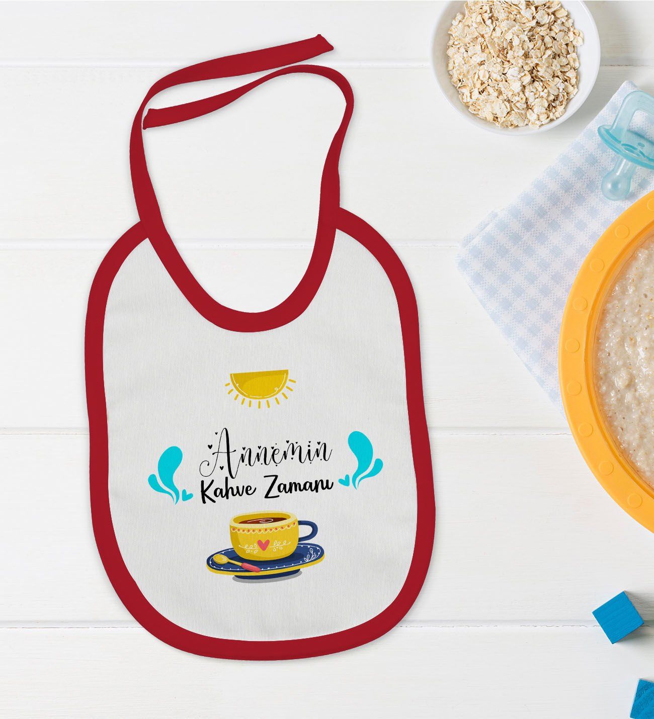 BK Kids Annemin Kahve Zamanı Tasarımlı Kırmızı Bebek Mama Önlüğü-1