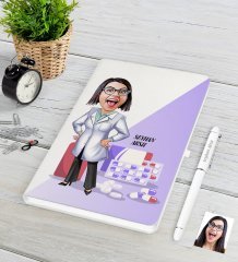 Kişiye Özel Bayan Eczacı Karikatürlü Beyaz Defter Kalem Seti-3