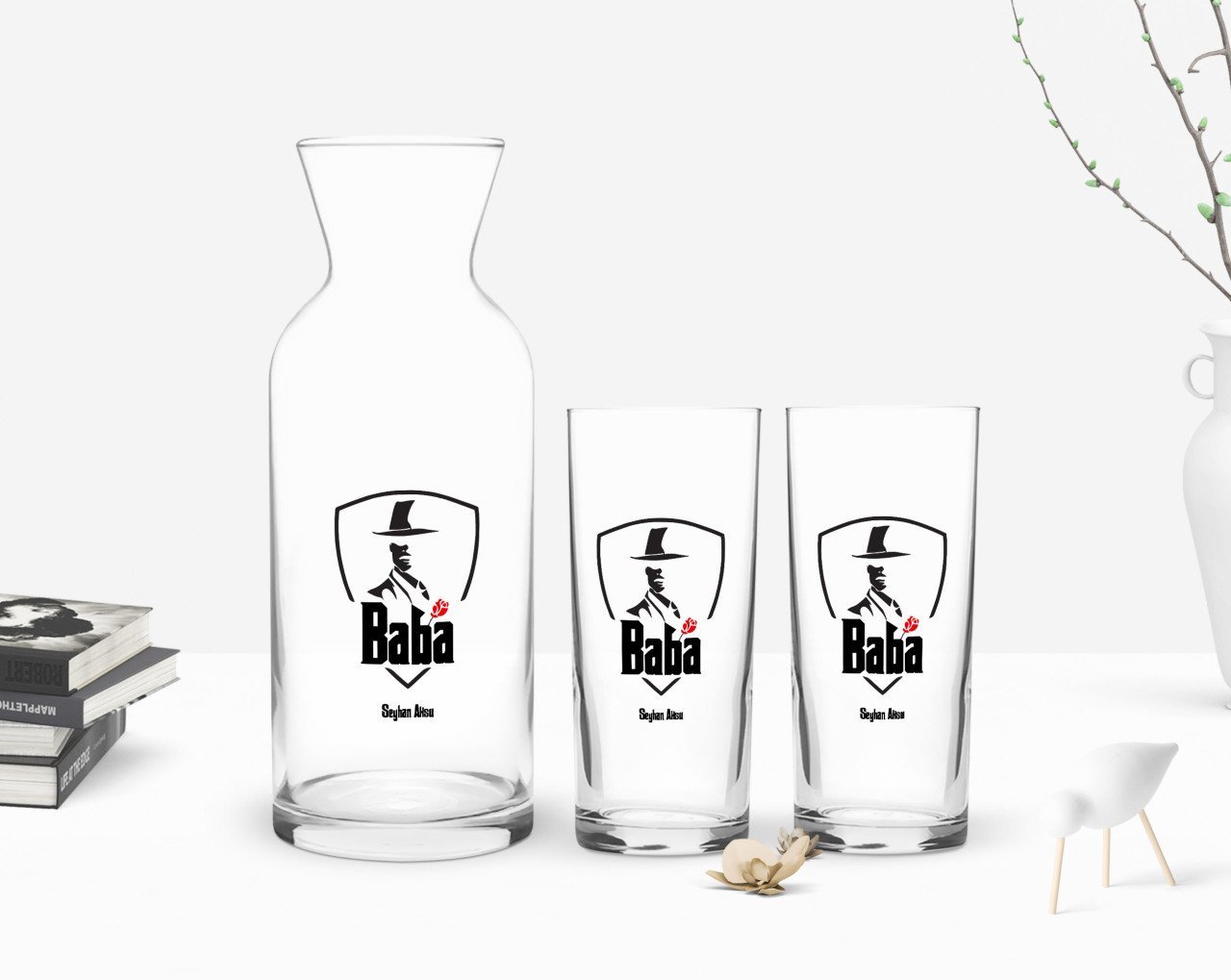 Kişiye Özel Renkli Baskılı Godfather Baba Tasarımlı İkili Rakı Bardağı ve Karaf Hediye Seti-15