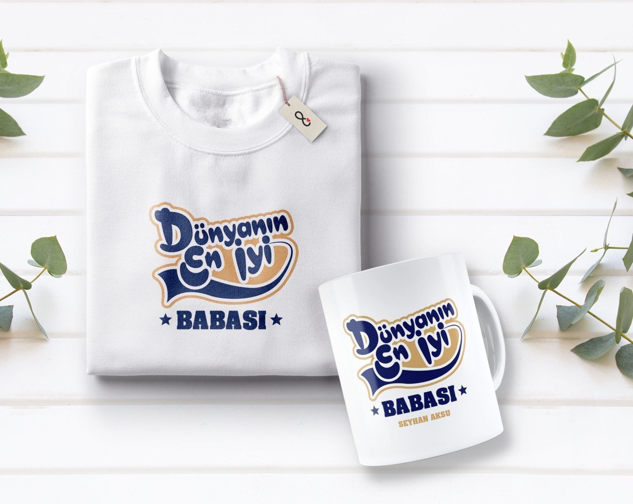 Kişiye Özel Dünyanın En İyi Babası Tasarımlı Beyaz Tişört ve Kupa Seti-2