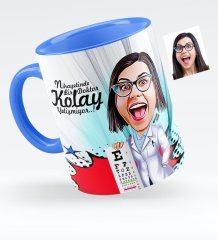 Kişiye Özel Bayan Göz Doktoru Karikatürlü Mavi Kupa Bardak - 1
