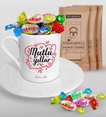 Kişiye Özel Yılbaşı Mutlu Yıllar Türk Kahvesi Fincanı Mehmet Efendi Kahve ve Haribo Şeker Hediye Seti-3