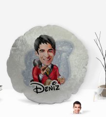 Kişiye Özel İsimli Erkek Patron Karikatürlü Yuvarlak Dekoratif Kırlent Yastık-2