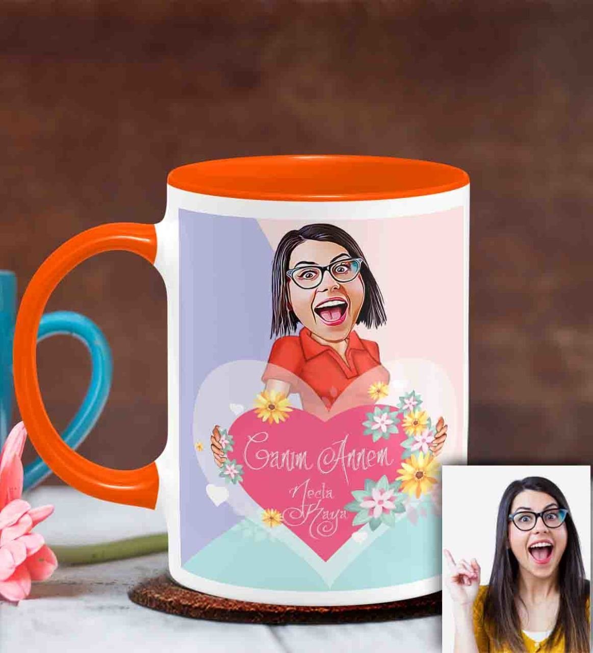 Kişiye Özel Anneler Günü Temalı Karikatürlü Turuncu Kupa Bardak T8