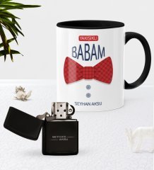 Kişiye Özel Yakışıklı Babam Siyah Kupa Bardak Benzinli Metal Çakmak Seti-6