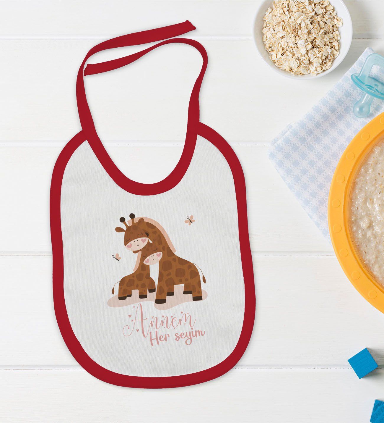 BK Kids Annem Her Şeyim Tasarımlı Kırmızı Bebek Mama Önlüğü-10