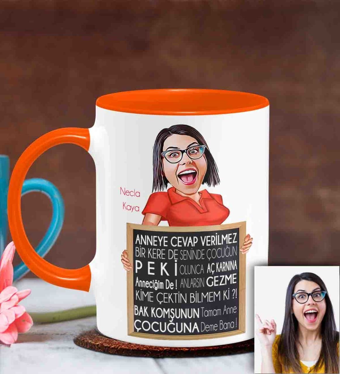 Kişiye Özel Anneler Günü Temalı Karikatürlü Turuncu Kupa Bardak T6