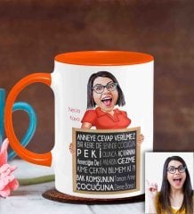 Kişiye Özel Anneler Günü Temalı Karikatürlü Turuncu Kupa Bardak T6