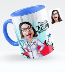 Kişiye Özel Bayan Doktor Karikatürlü Mavi Kupa Bardak - 1