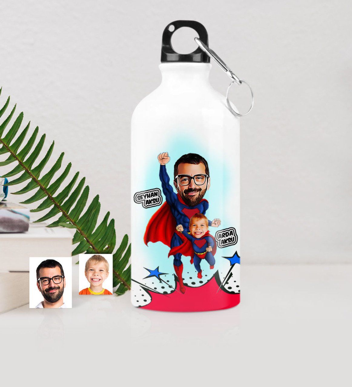 Kişiye Özel Süper Baba Oğul Karikatürlü Metal Suluk (500 ml.)