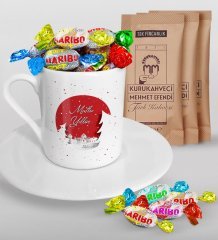 Kişiye Özel Yılbaşı Mutlu Yıllar Türk Kahvesi Fincanı Mehmet Efendi Kahve ve Haribo Şeker Hediye Seti-1