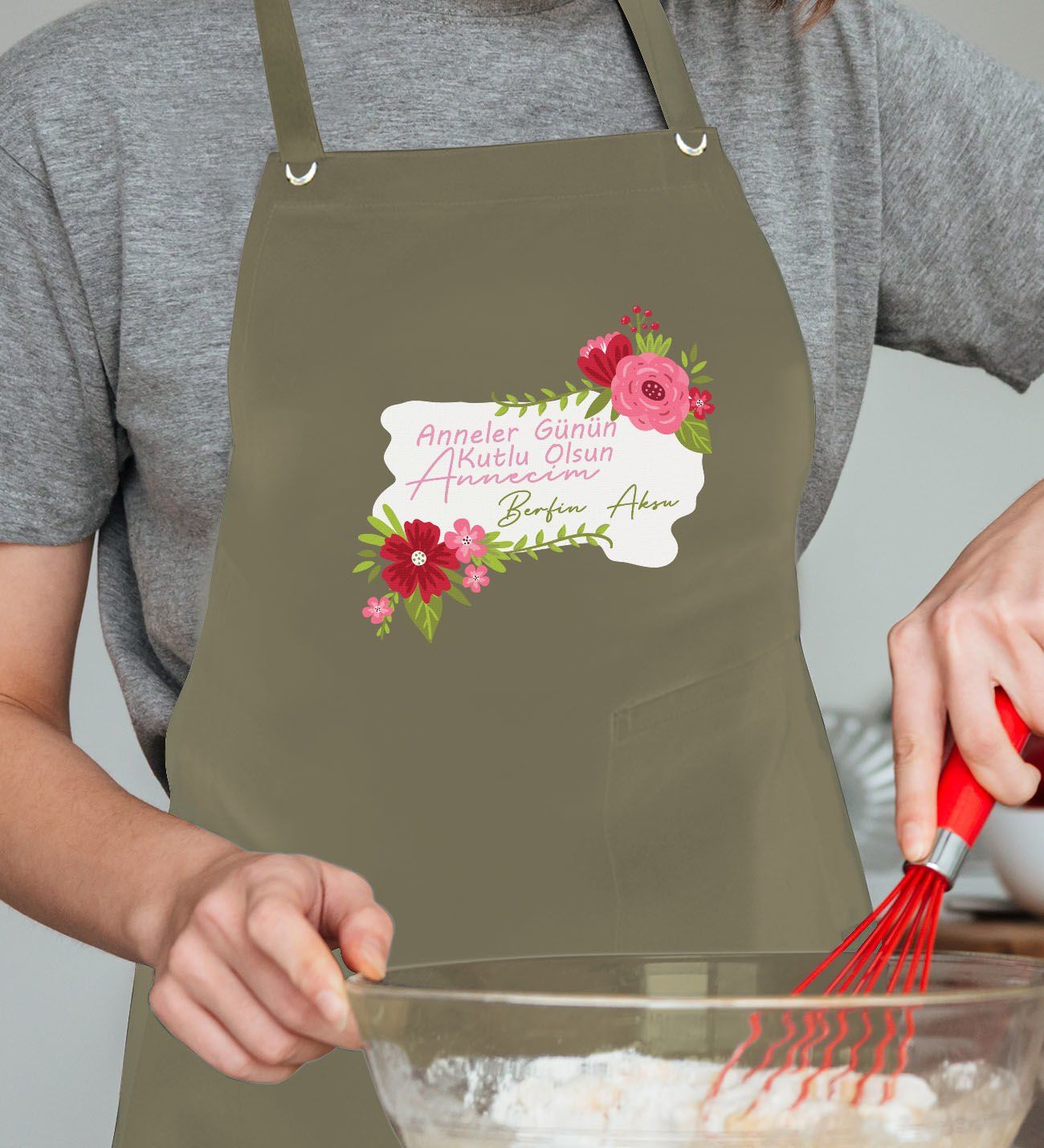 BK Gift Kişiye Özel İsimli Anneler Günü Tasarımlı Profesyonel Haki Mutfak Önlüğü, Aşçı Önlüğü, Şef Önlüğü, Anneye Hediye-16
