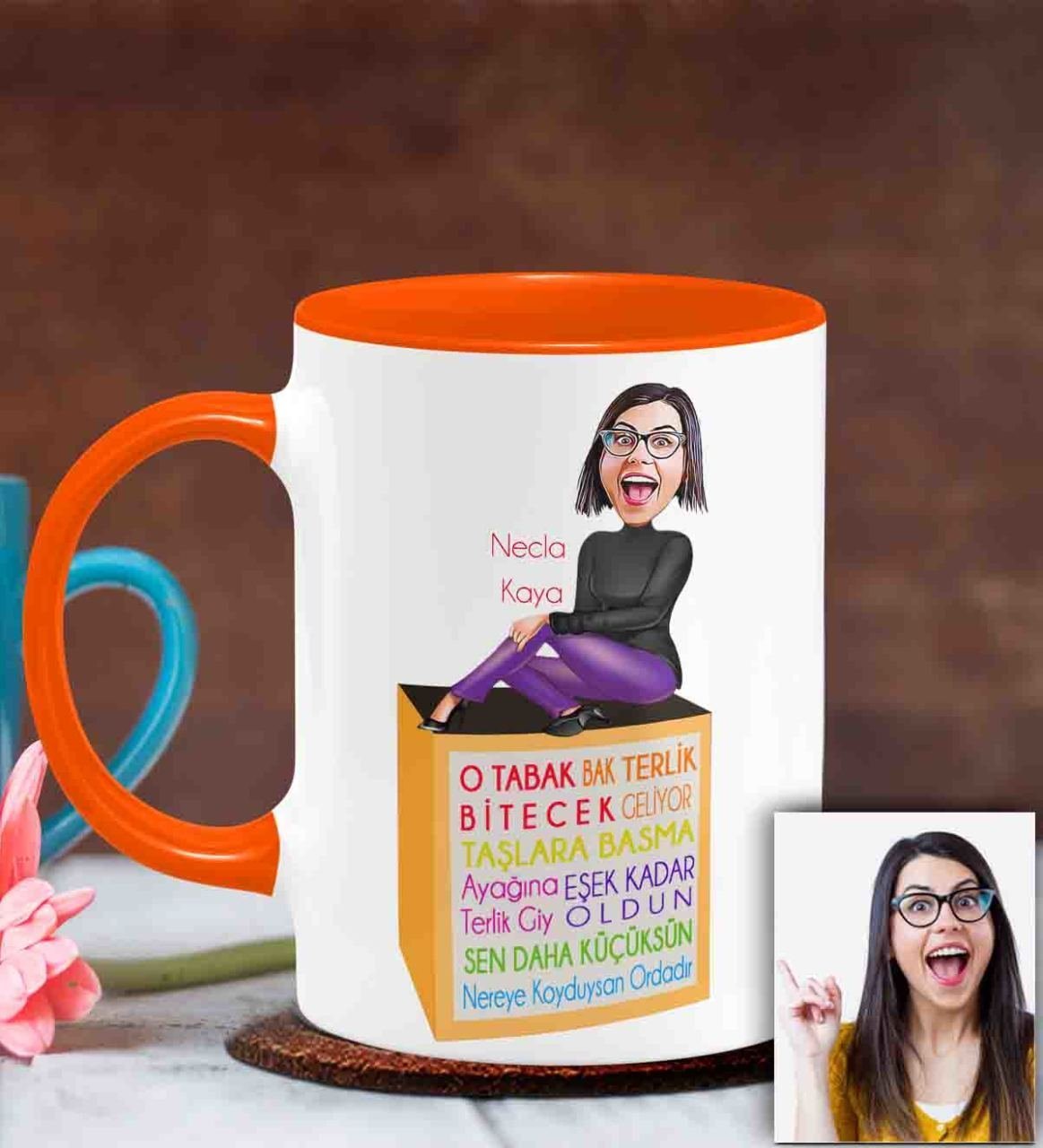 Kişiye Özel Anneler Günü Temalı Karikatürlü Turuncu Kupa Bardak T5