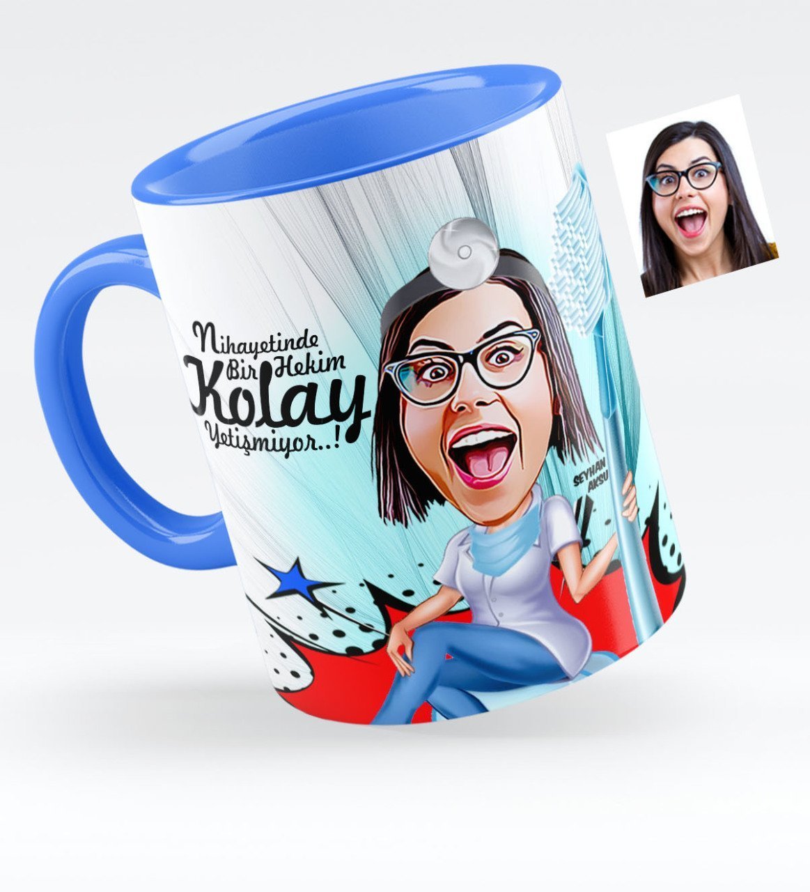 Kişiye Özel Bayan Diş Hekimi Karikatürlü Mavi Kupa Bardak - 3