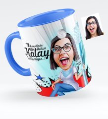 Kişiye Özel Bayan Diş Hekimi Karikatürlü Mavi Kupa Bardak - 3