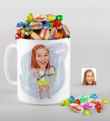 Kişiye Özel Bayan Tenis Oyuncusu Karikatürlü Kupa ve Haribo Şeker Hediye Seti-2