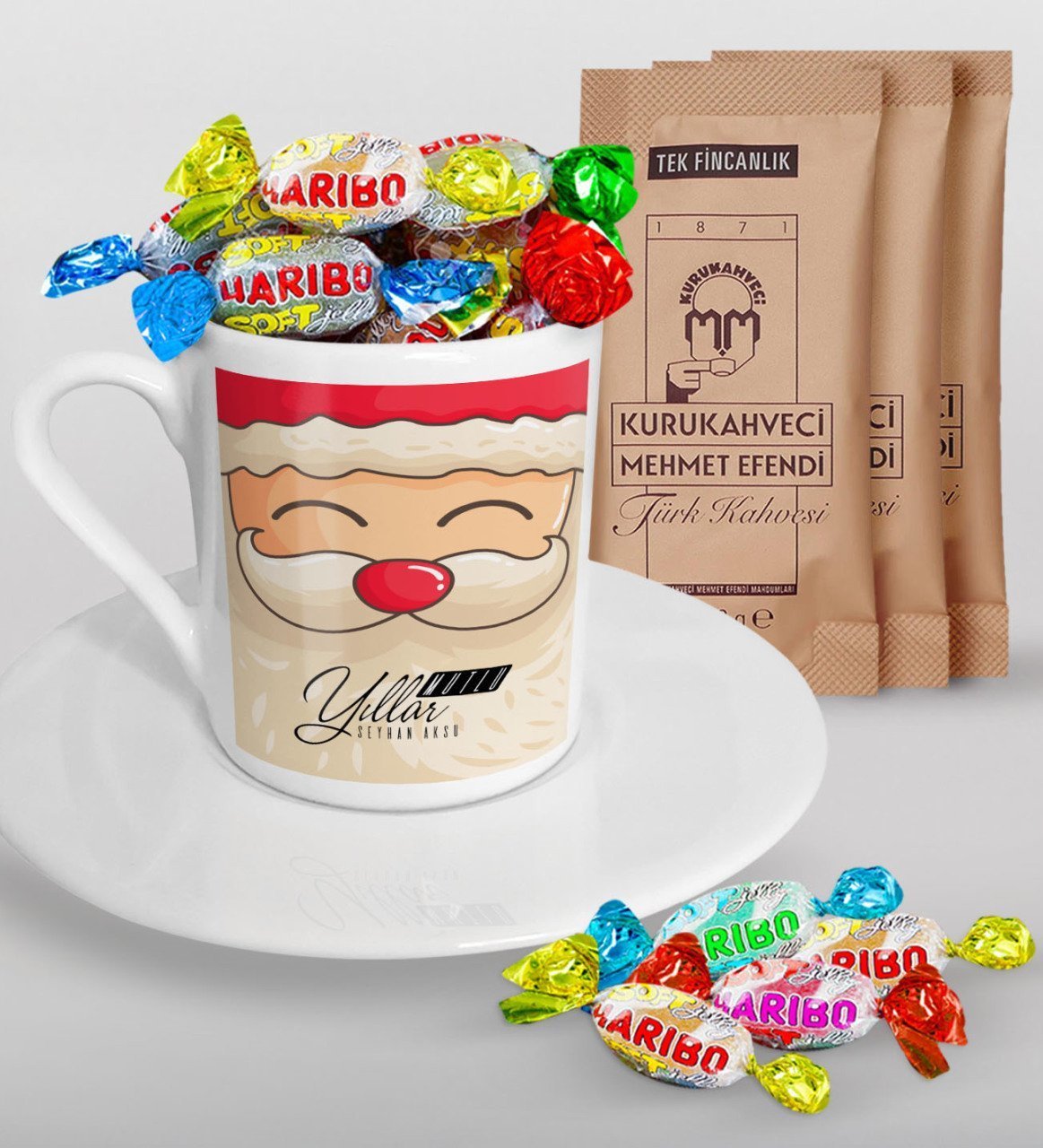 Kişiye Özel Noel Baba Türk Kahvesi Fincanı Mehmet Efendi Kahve ve Haribo Şeker Hediye Seti-6