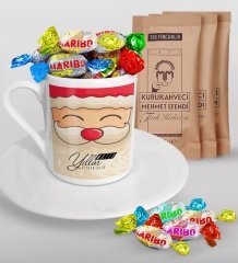 Kişiye Özel Noel Baba Türk Kahvesi Fincanı Mehmet Efendi Kahve ve Haribo Şeker Hediye Seti-6