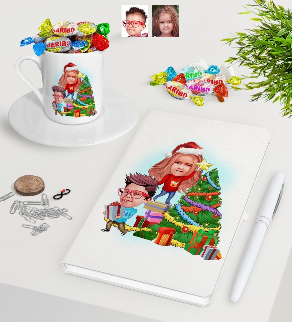 Kişiye Özel Yeni Yıl Kız Kardeş ve Erkek Kardeş Karikatürlü Beyaz Defter Kalem Türk Kahvesi Fincanı ve Haribo Şeker Hediye Seti-1