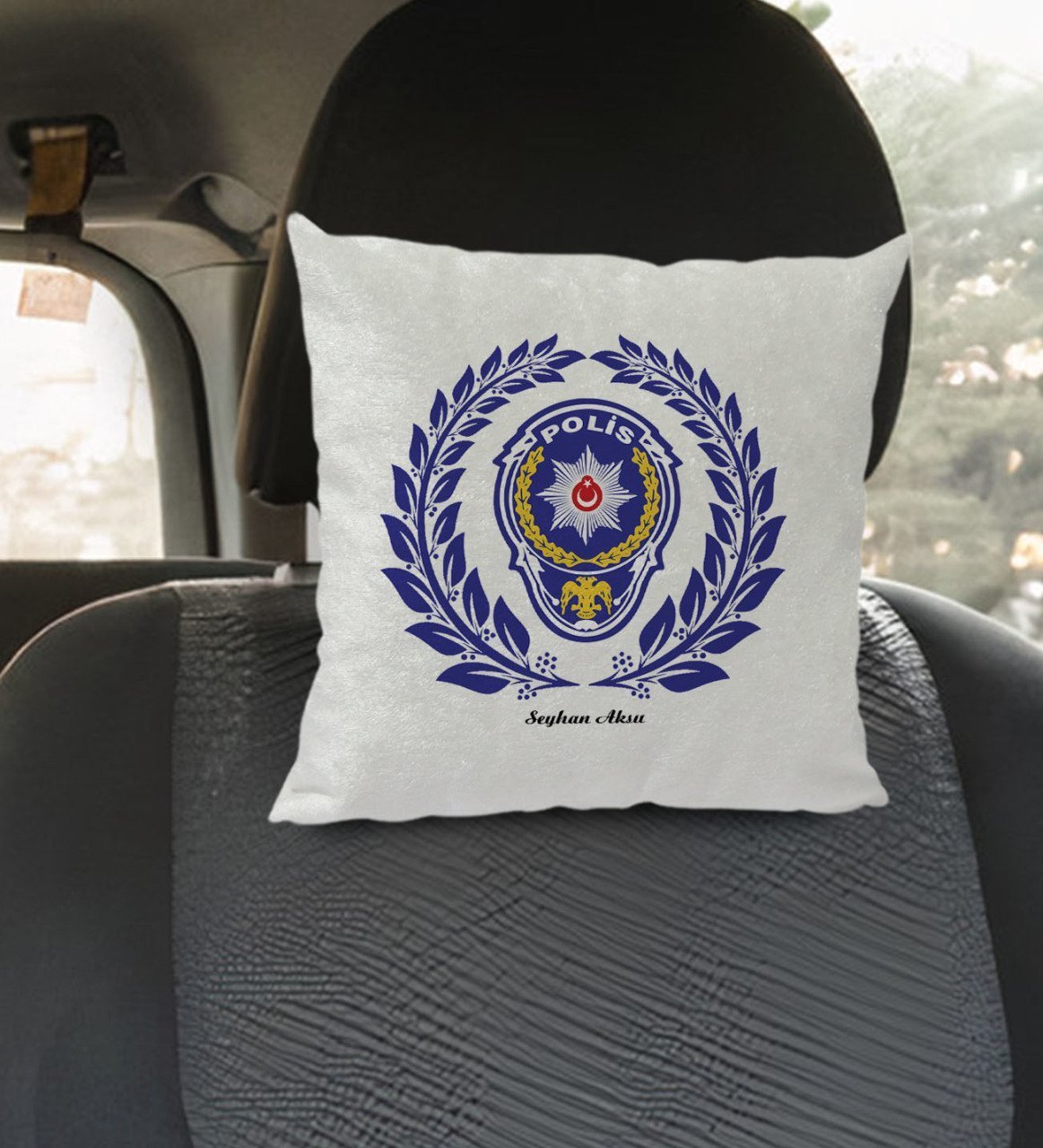 Kişiye Özel İsimli Polis Tasarımlı Kare Araç Koltuk Yastığı-3