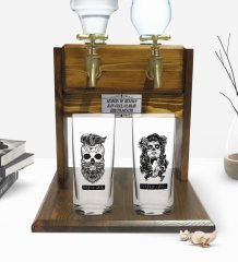 Kişiye Özel Renkli Baskılı  Erkek ve Kadın Kurukafa Tasarımlı İkili Rakı Bardağı ve Çift Musluklu Doğal Ahşap Rakı Standı-2