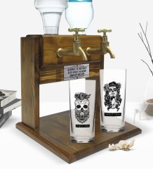 Kişiye Özel Renkli Baskılı  Erkek ve Kadın Kurukafa Tasarımlı İkili Rakı Bardağı ve Çift Musluklu Doğal Ahşap Rakı Standı-2
