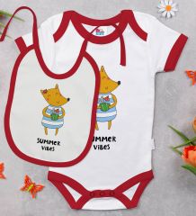BK Kids Summer Vibes Tasarımlı Kırmızı Bebek Body Zıbın ve Mama Önlüğü Hediye Seti-1