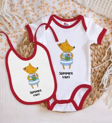 BK Kids Summer Vibes Tasarımlı Kırmızı Bebek Body Zıbın ve Mama Önlüğü Hediye Seti-1